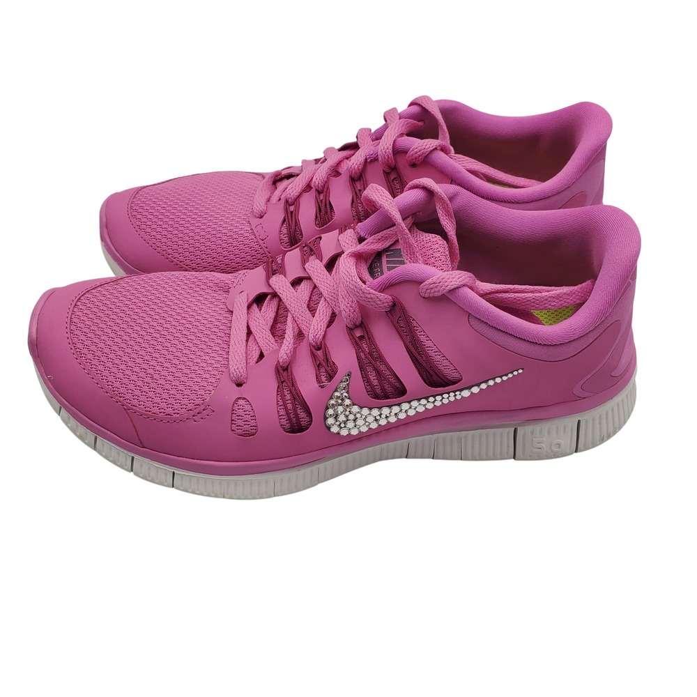 Nike Free 5.0 Pink Rhinestone Swoosh Running Shoes 580591-500 Womens 8